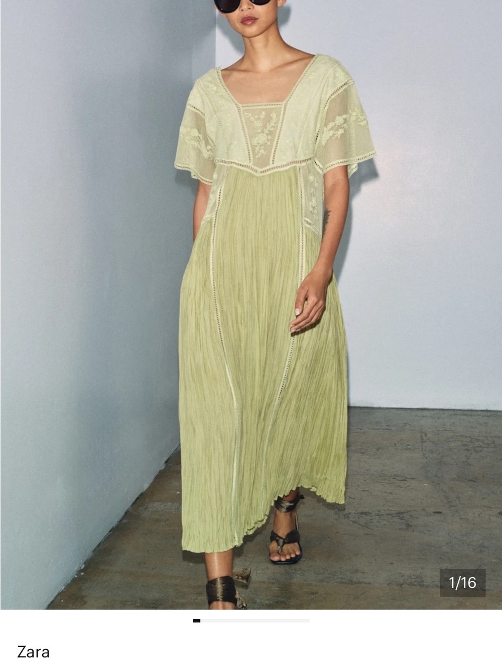 Zara Pale Lime Lace-Trim Pleated Midi Dress